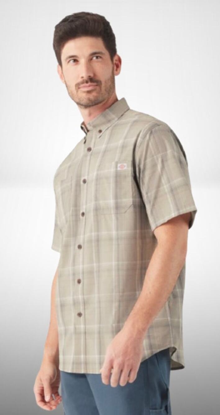 New Mens DICKIES Short Sleeve Flex Woven Relaxed Fit Gray Plaid Shirt 3XL